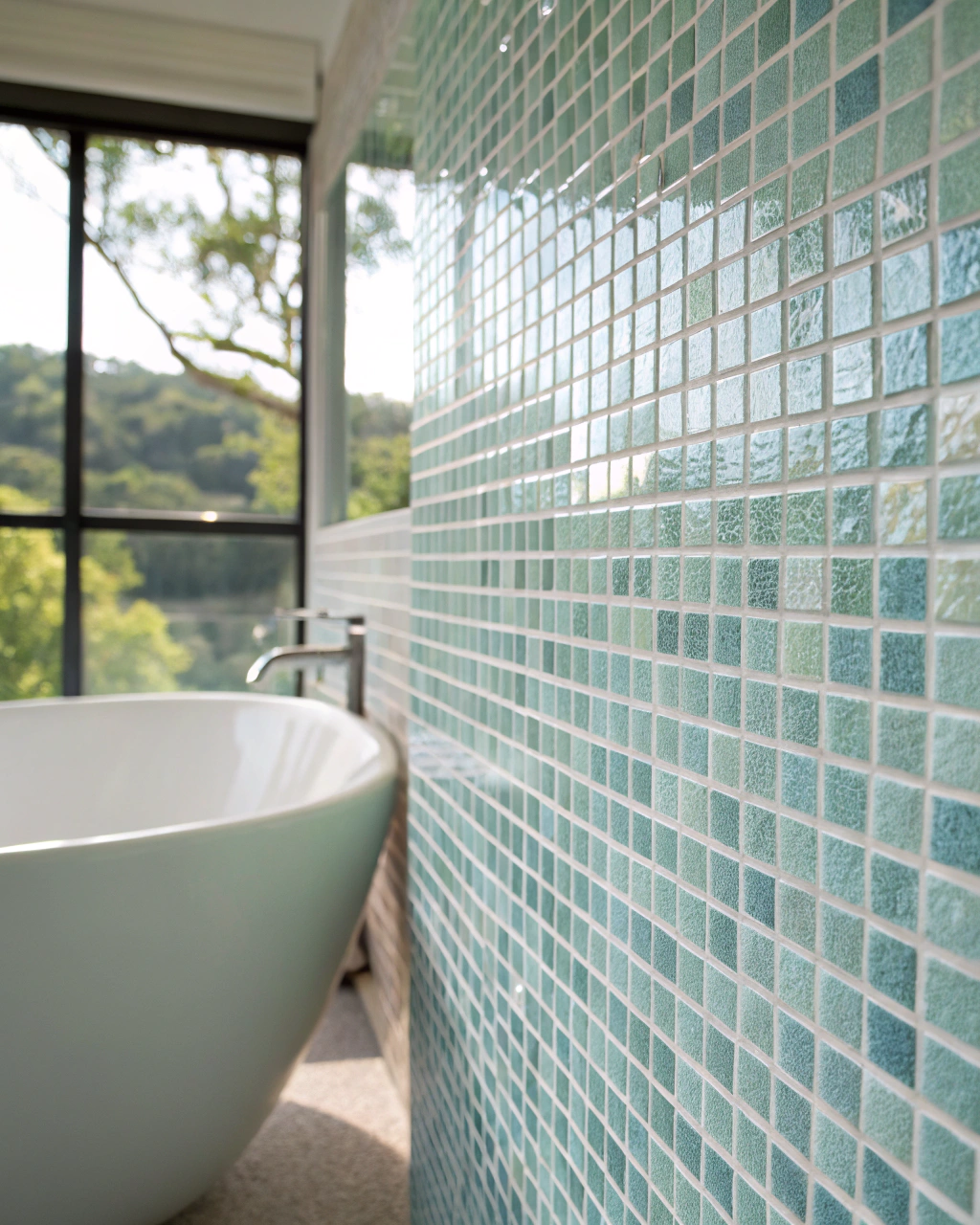 Close-up of a bathroom feature wall covered in small mosaic tiles