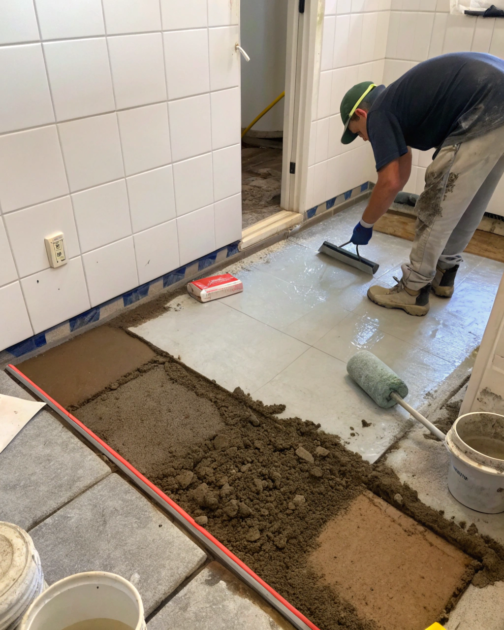 Close-up of a bathroom floor substrate showing levelling compound before tiling