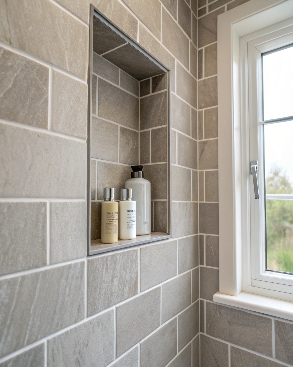Close-up of a bathroom shower recess lined with mosaic tiles