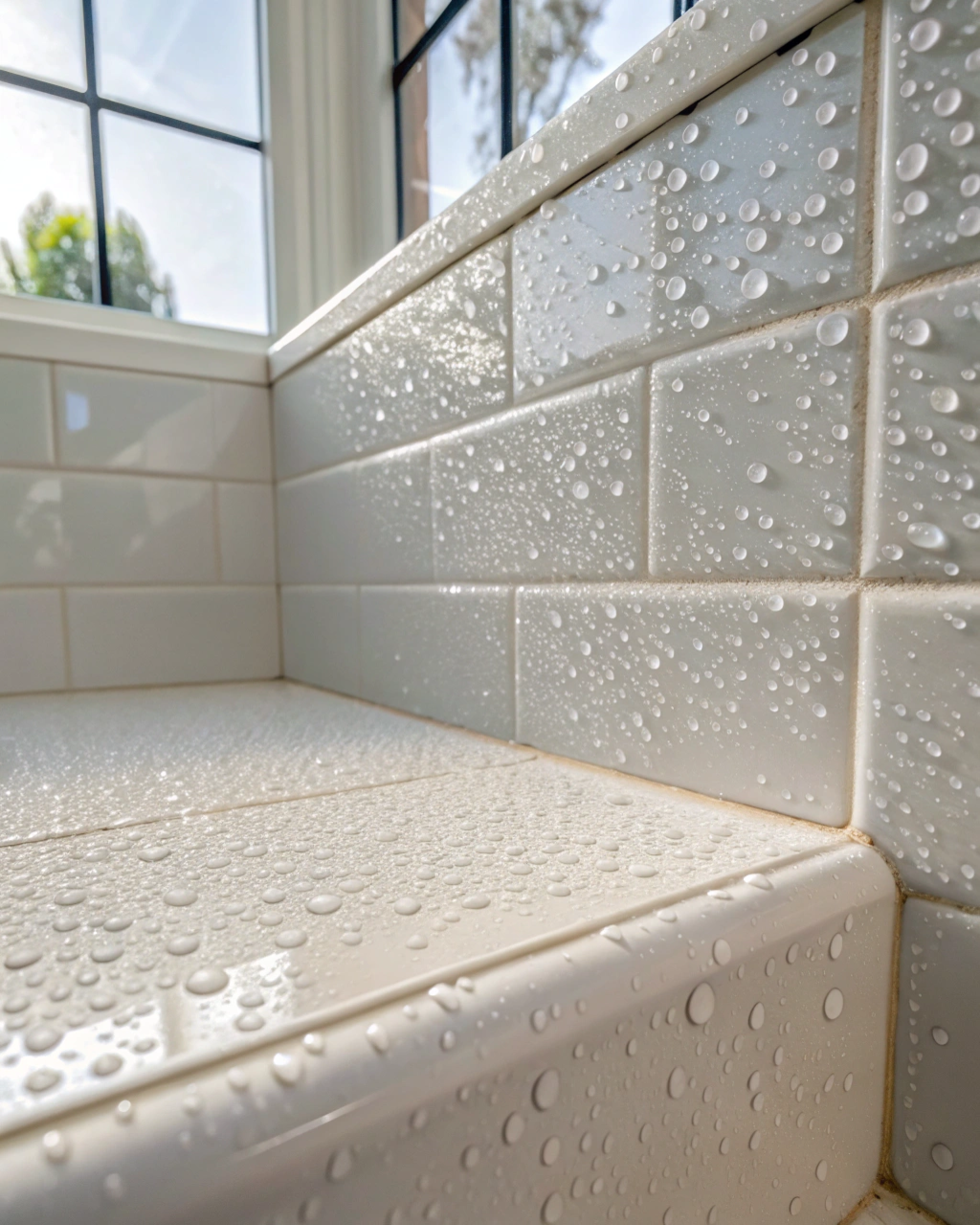 Close-up of clean, freshly sealed white grout lines in a bathroom