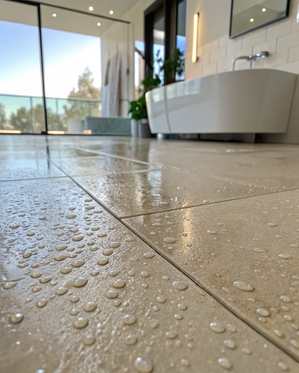 Close-up of textured porcelain bathroom floor tiles