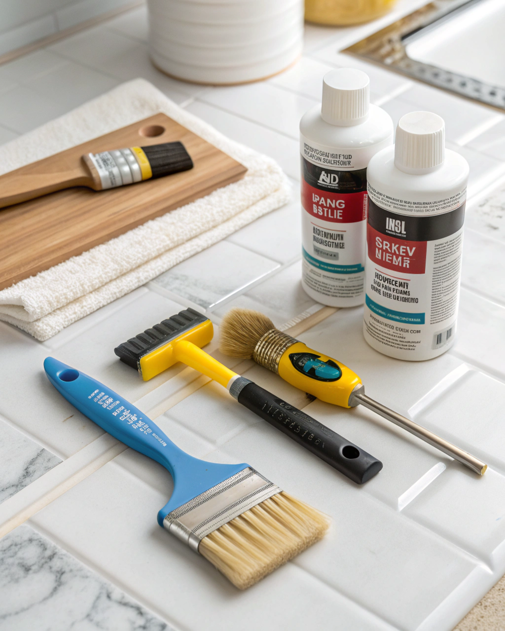 Flat-lay of professional grout sealing products and application tools