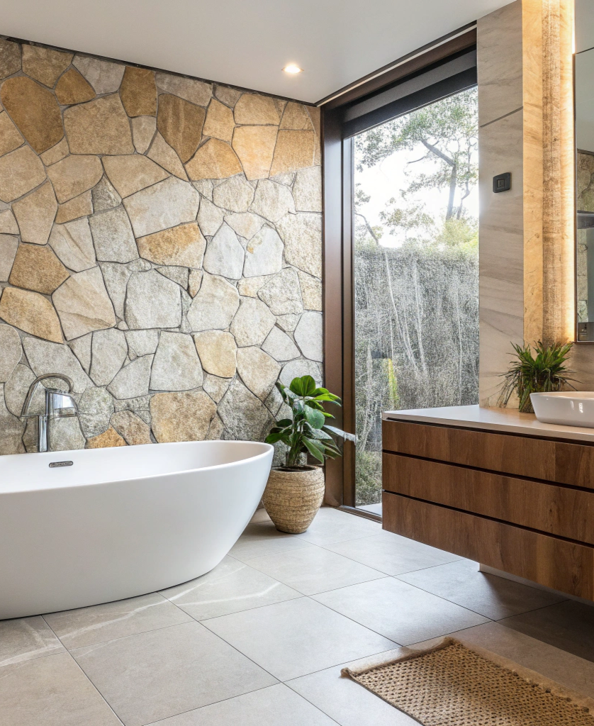 Luxurious Australian bathroom interior featuring large-format floor tiles