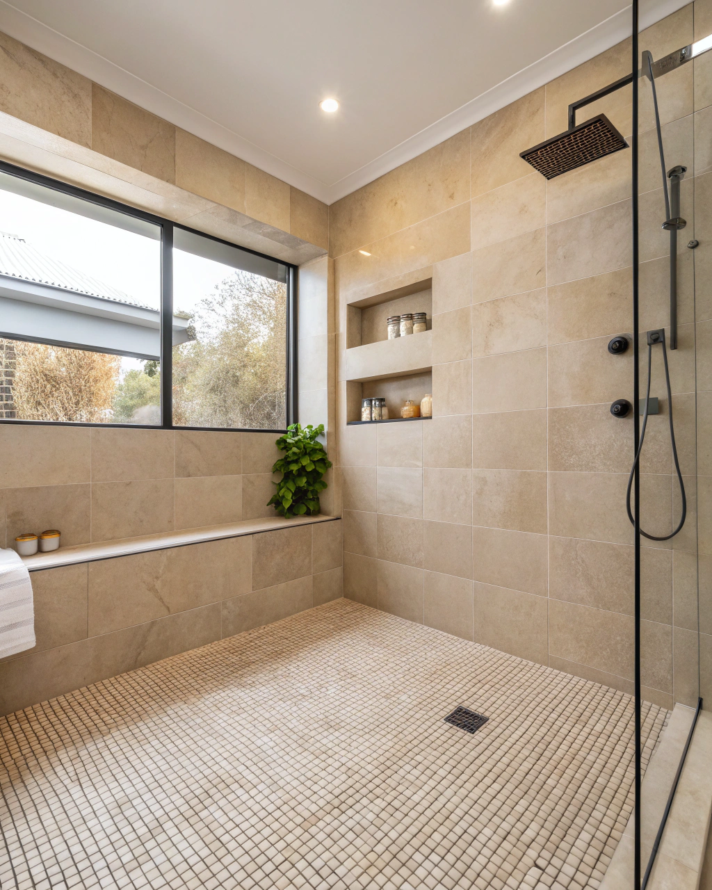 Modern Australian bathroom shower recess with large-format tiles