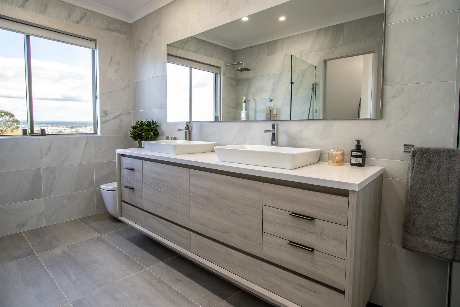 Modern bathroom vanity with large-format porcelain tiling