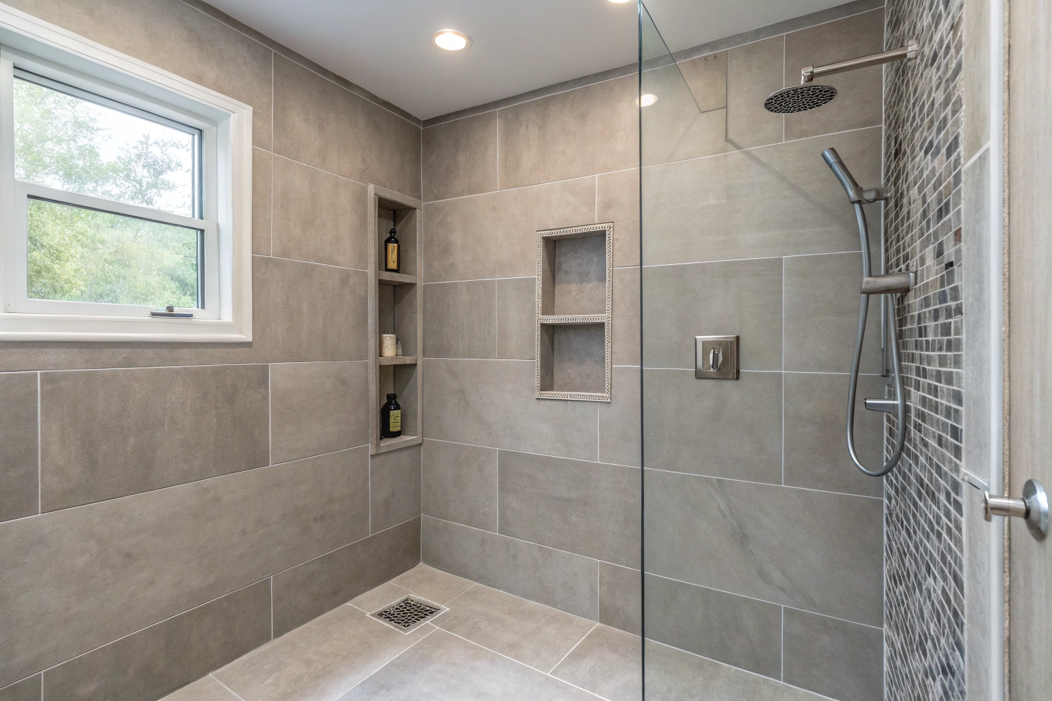Modern walk-in shower enclosure with full-height wall tiling