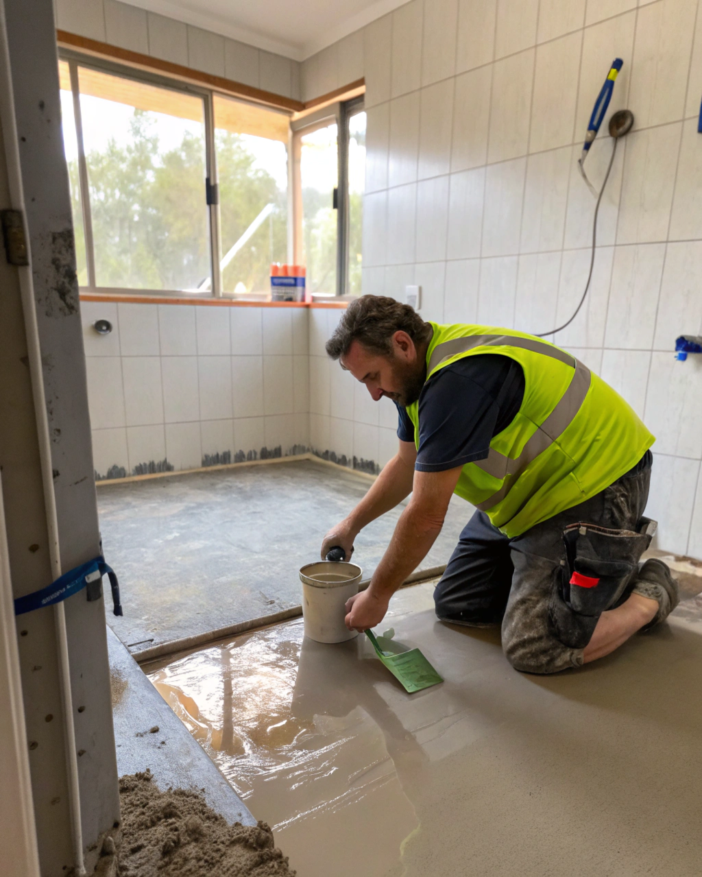 Tradesperson pouring self-levelling compound across a bathroom floor
