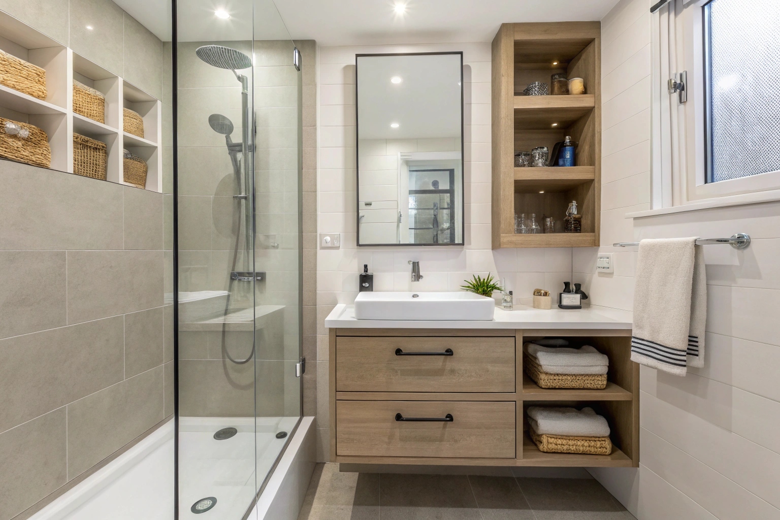 Small bathroom storage solutions Lake Macquarie with recessed niches and floating vanity