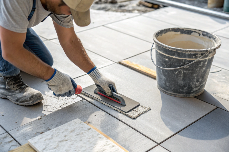 tiler grouting tiled floor in Lake Macquarie rental property bathroom