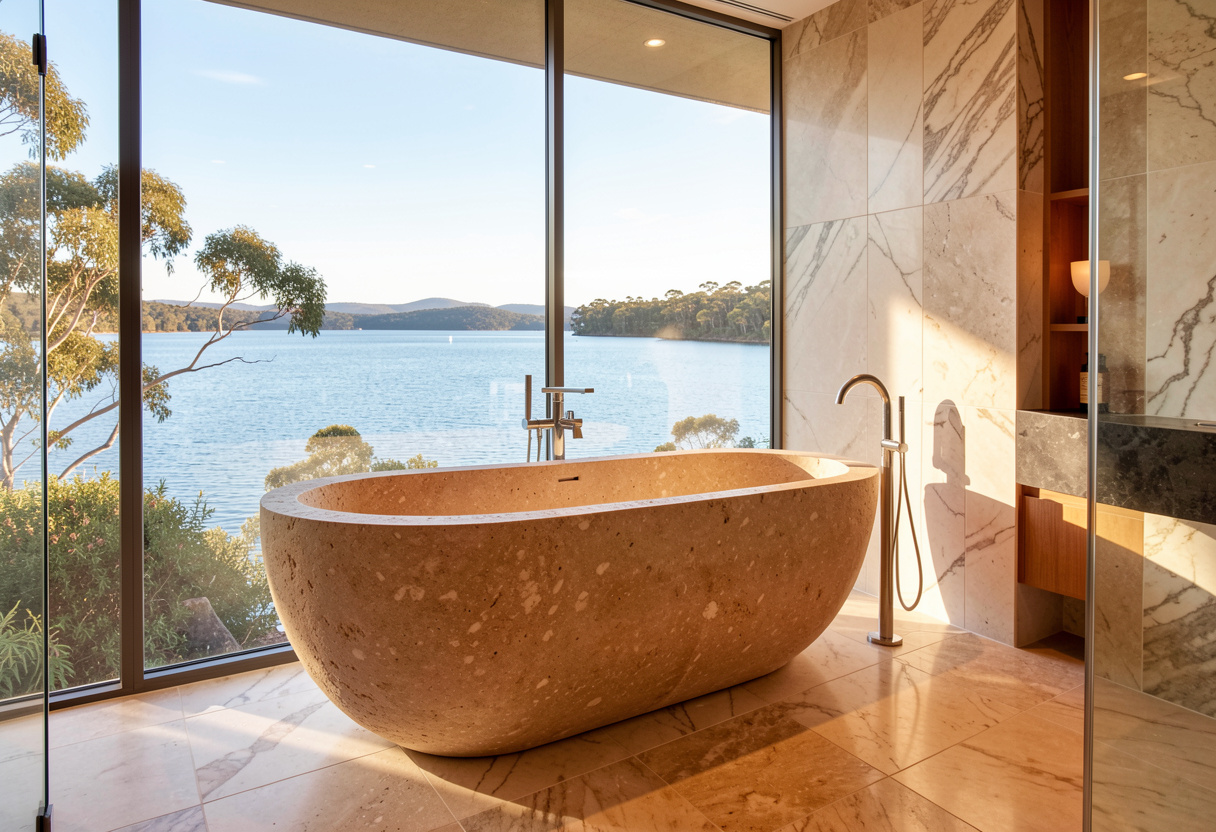 luxury coastal bathroom in an Australian lakeside home