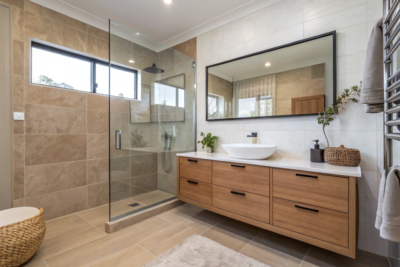 Modern bathroom renovation in Lake Macquarie with coastal materials and walk-in shower