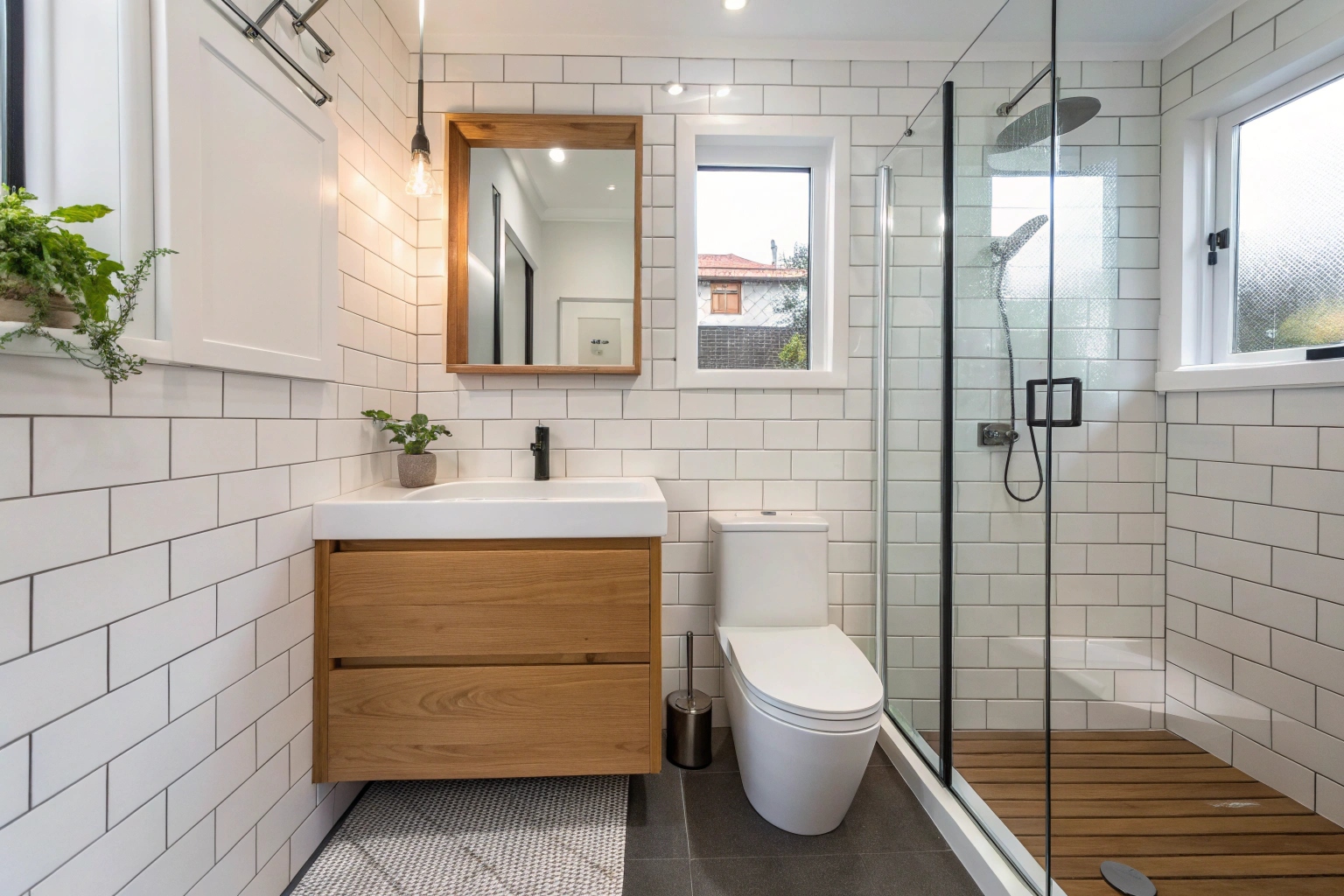 Modern small bathroom renovation Lake Macquarie with floating vanity and wall-hung toilet