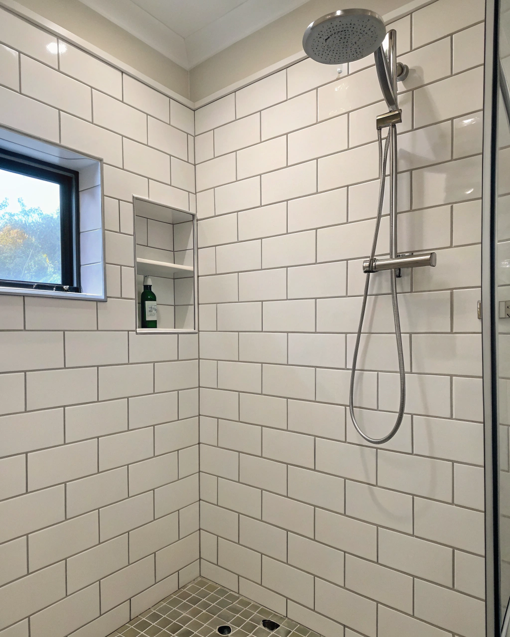 Pristine tiled shower recess in an Australian bathroom renovation