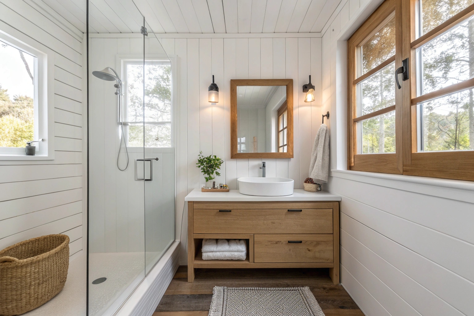 Scandinavian small bathroom renovation Lake Macquarie with timber and white design