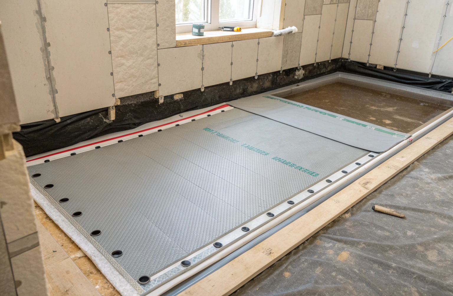 Sheet waterproofing membrane laid flat across a shower floor substrate