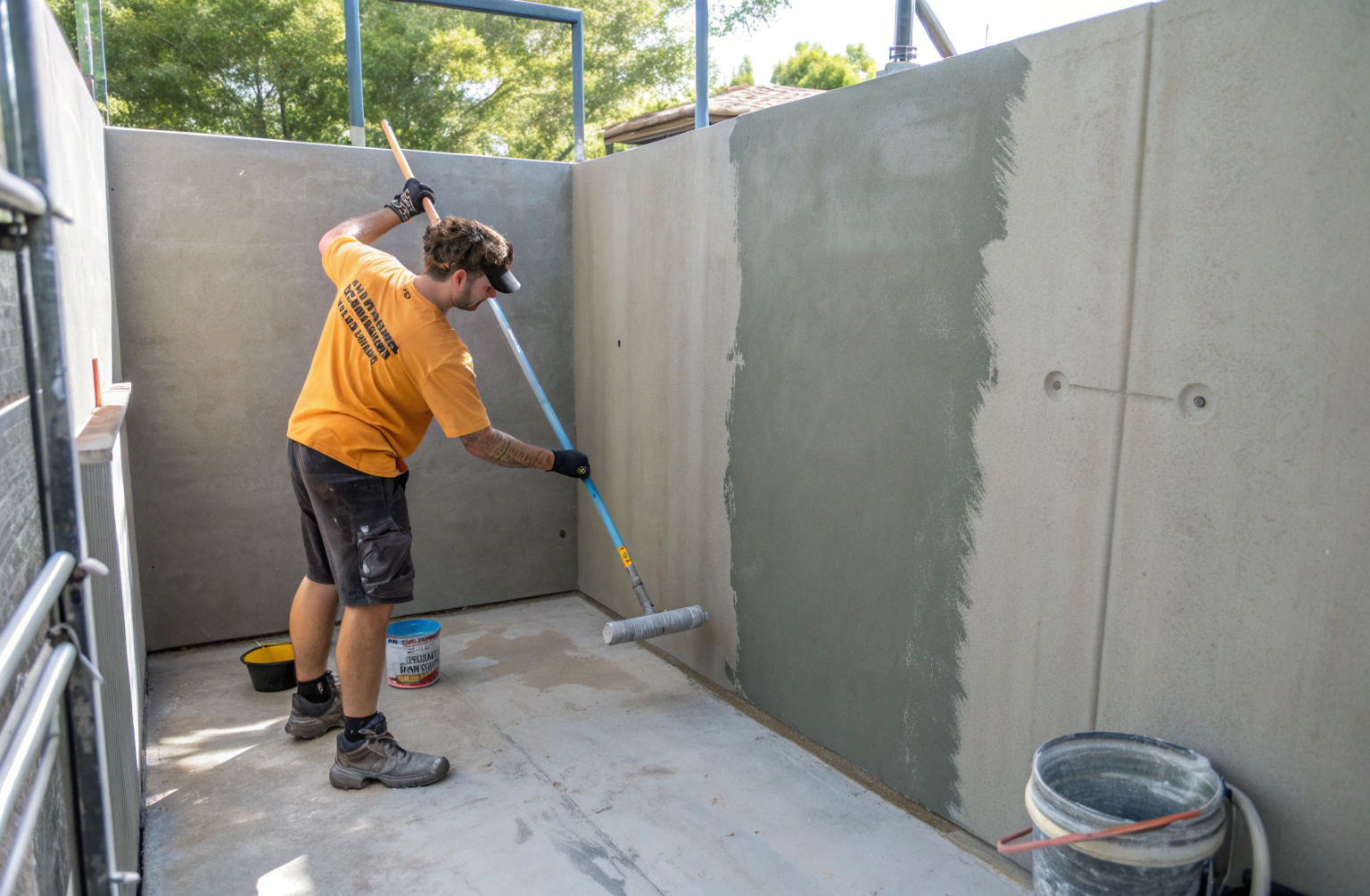 Tradesperson applying grey liquid waterproofing membrane to a shower wall