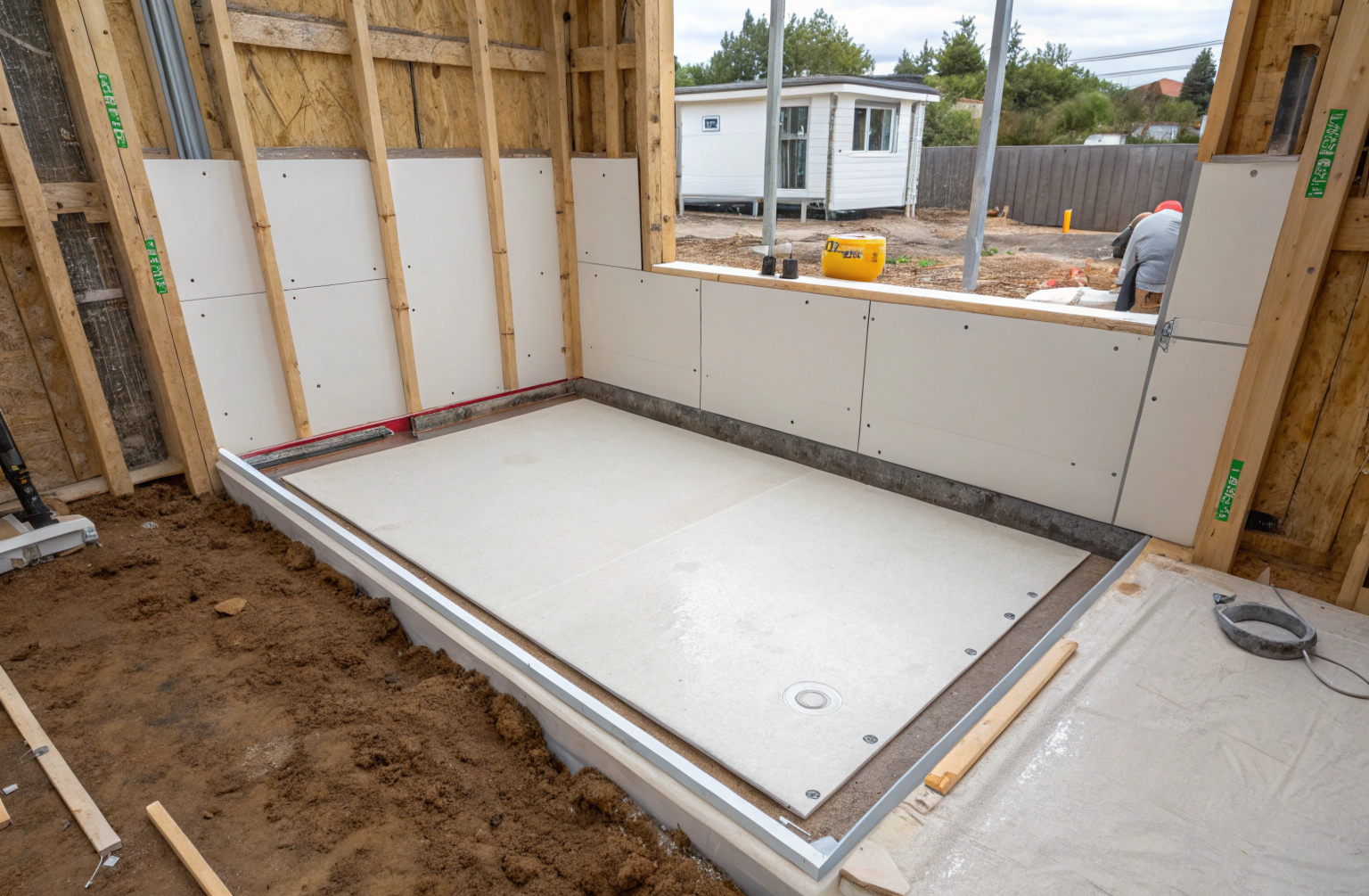 Wide shot of a shower base with sheet waterproofing membrane installed