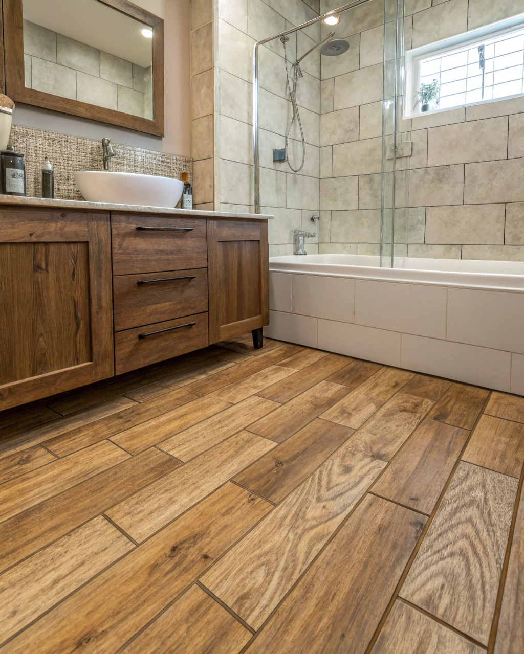 Wood-look floor tiles giving a timber style without the maintenance