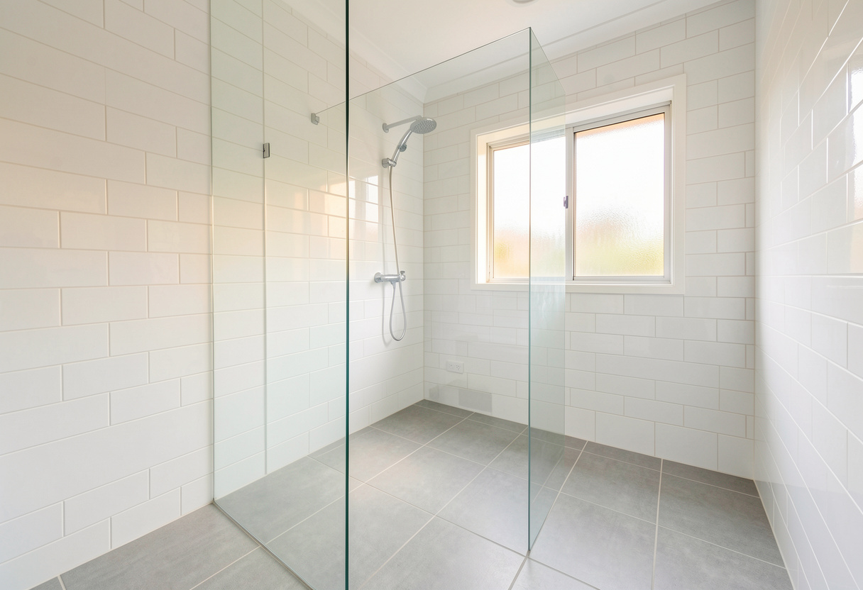 wide-angle view of a freshly completed modern bathroom in an Australian home